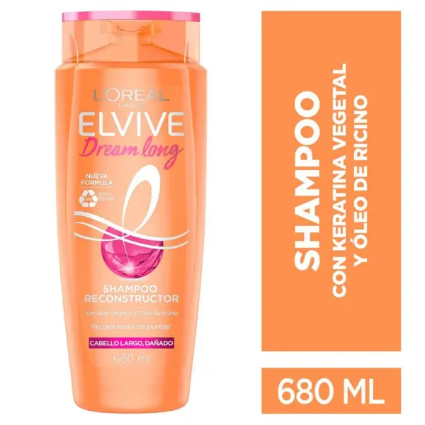 L’Oréal Elvive Dream Long – Shampoo Reparador con Keratina Vegetal y Aceite de Ricino para Cabello Largo 680 ml