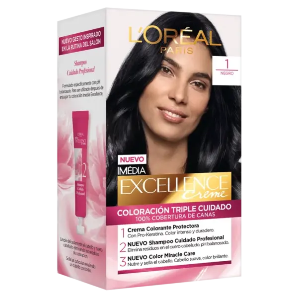 L’Oréal Excellence Creme – Tinte Permanente Tono Negro 1 con Triple Protección y 100% Cobertura de Canas