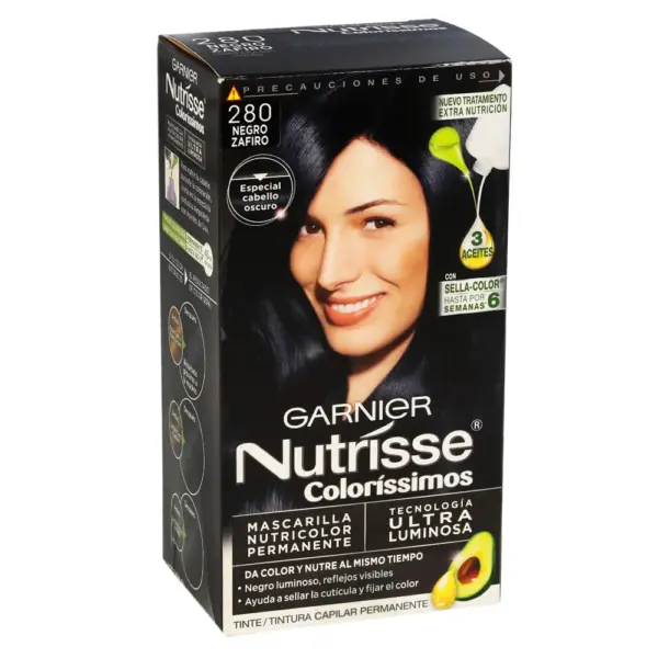 Garnier Nutrisse Coloríssimos Tinte Permanente Tono Negro Zafiro 280 – Color Intenso y Cabello Nutrido
