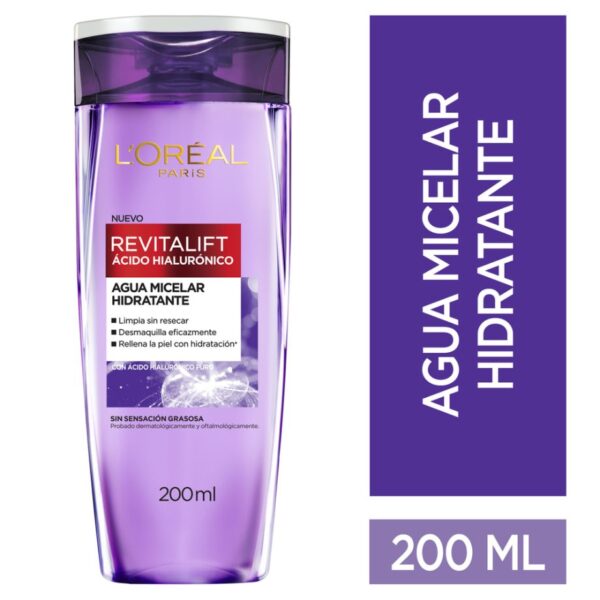 L’Oréal Revitalift Agua Micelar Hidratante con Ácido Hialurónico – Limpieza y Suavidad para Todo Tipo de Piel 200 ml