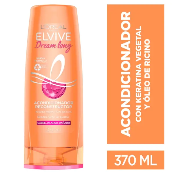 L’Oréal Elvive Dream Long – Acondicionador Reparador para Cabello Largo con Keratina Vegetal y Aceite de Ricino 370 ml
