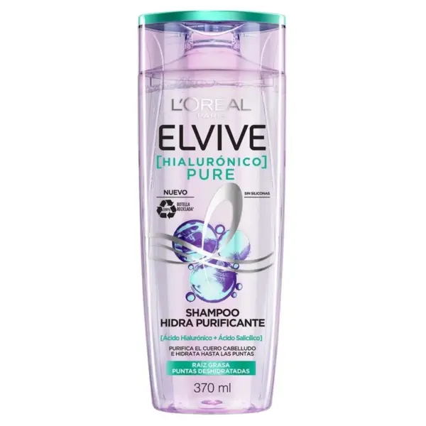 L’Oréal Elvive Hialurónico Pure – Shampoo Purificante con Ácido Hialurónico para Raíz Grasa y Puntas Secas 370 ml