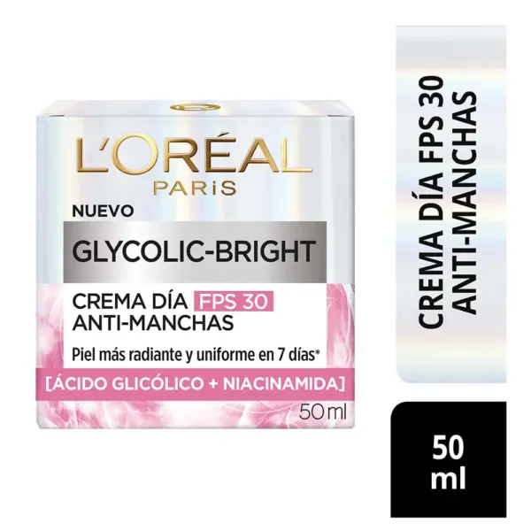 L’Oréal Paris Glycolic Bright – Crema de Día Anti-Manchas con Ácido Glicólico y FPS 30 50 ml