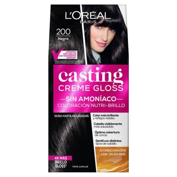 L’Oréal Casting Crème Gloss – Tinte Negro Ébano #200, Coloración Semipermanente sin Amoníaco