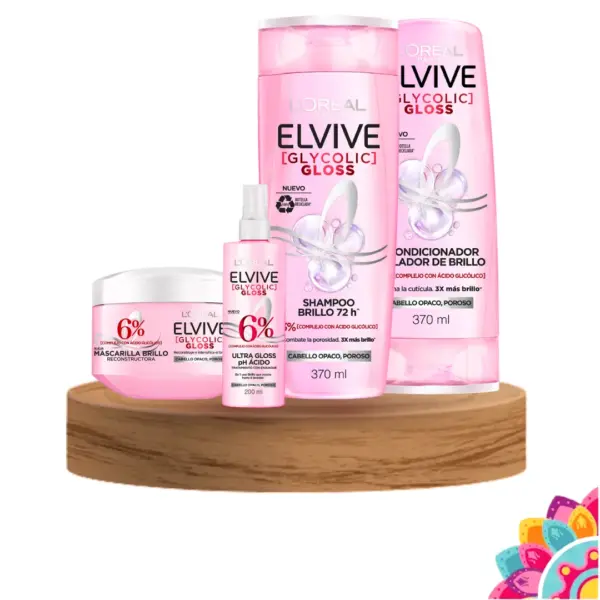 Set L’Oréal Elvive Glycolic Gloss – Brillo Intenso y Suavidad con Ácido Glicólico para Cabello Opaco Poroso